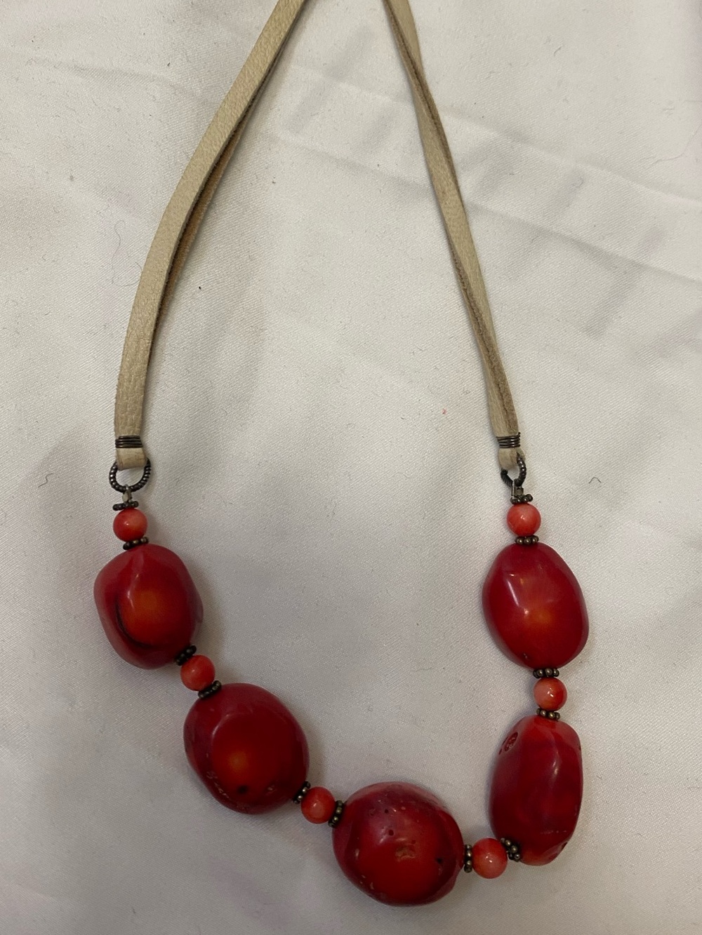 Studio Barse Red Bead Necklace with Neutral leather Strap
